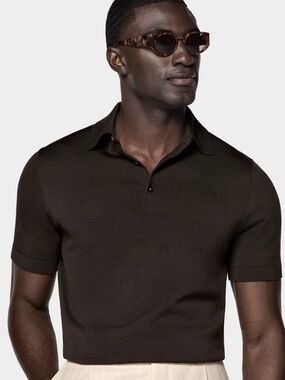 Suitsupply Dark Brown Short-Sleeve Knit Polo